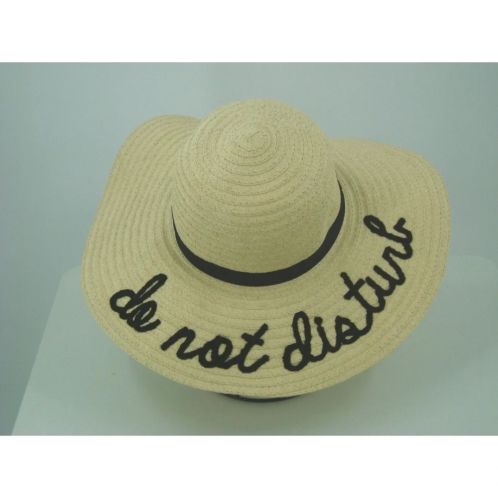Women's Do Not Disturb Straw Floppy Sun Hat Tan Black Ribbon Wide Brim Beach